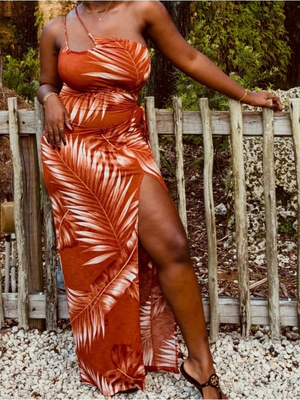 Rust Tropical Print One-Shoulder Maxi Dress